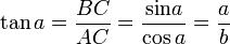 tan a = frac{BC}{AC} = frac{operatorname {sin} a}{cos a} = frac{a}{b}